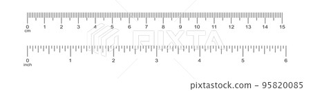 Horizontal scale with 6 inch and 15 centimeter markup and numbers. Measuring chart of metric and imperial units. Distance, height or length measurement tool templates Horizontal scale with 6 inch and 15 centimeter markup and numbers. Measuring chart of metric and imperial units. Distance, height or length measurement tool templates 95820085