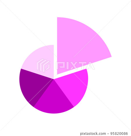 Donut chart divided in 5 monochrome magenta sections. Round diagram with one separated fragment. Infographic wheel icon. Circle shape cut in five equal parts 95820086