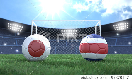 Two soccer balls in flags colors on stadium bright blurred background. Japan and Costa Rica. 3d image Two soccer balls in flags colors on stadium bright blurred background. Japan and Costa Rica. 3d image 95820137