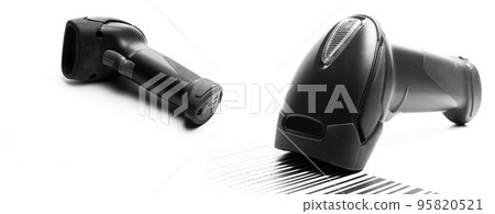 Bar code scanner set. Reader laser scanner for warehouse. Retail label barcode scan isolated on white background. Inventory product business technology. 95820521