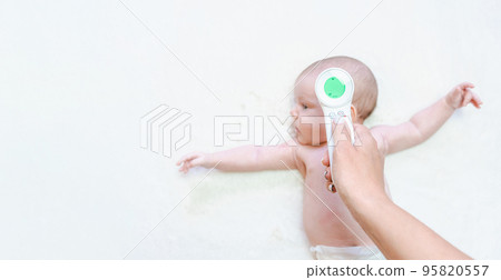 Thermometer child fever banner. Doctor check cold flu baby temperature care from electronic thermometer. Fever baby, child health care, sick kid background. 95820557
