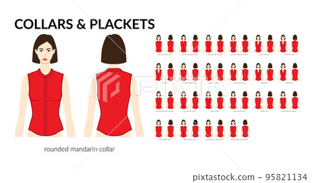 Set of necklines of collars and plackets, stand, mandarin, baseball necks clothes tops, shirts blouses technical fashion Set of necklines of collars and plackets, stand, mandarin, baseball necks clothes tops, shirts blouses technical fashion 95821134