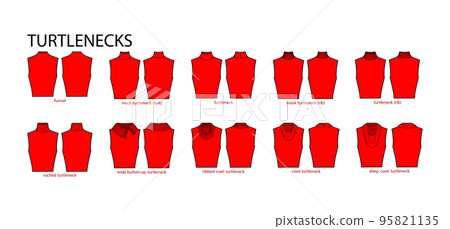 Set of necklines turtlenecks clothes sweaters, tops ribbed, knit, funnel neck technical fashion illustration with fitted Set of necklines turtlenecks clothes sweaters, tops ribbed, knit, funnel neck technical fashion illustration with fitted 95821135