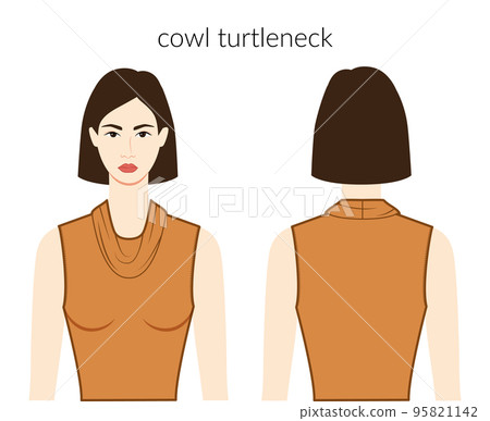 Cowl turtleneck neckline clothes character beautiful lady in ochre top, shirt, dress technical fashion illustration 95821142