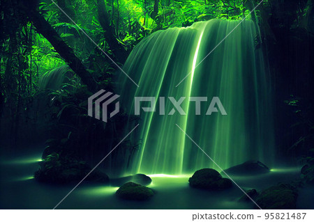 Tropical jungles of Southeast Asia in august. Digital illustration background. Tropical jungles of Southeast Asia in august. Digital illustration background. 95821487