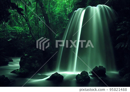 Tropical jungles of Southeast Asia in august. Digital illustration background. Tropical jungles of Southeast Asia in august. Digital illustration background. 95821488