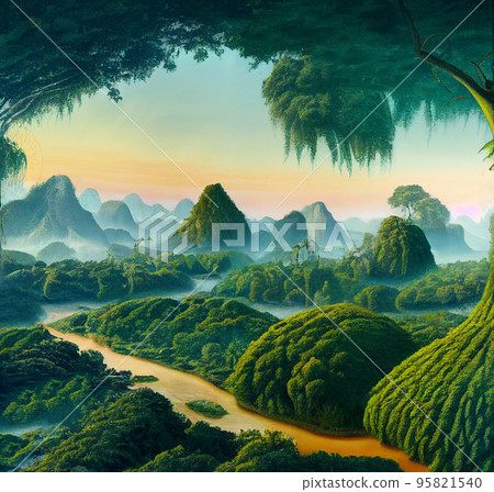 Tropical jungles of Southeast Asia in august. Digital illustration background. Tropical jungles of Southeast Asia in august. Digital illustration background. 95821540
