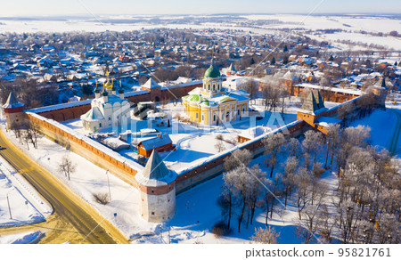 View from drone of architectural ensemble of Zaraysk Kremlin in winter 95821761
