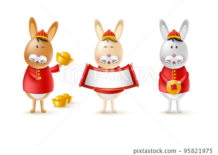 Chinese New Year 2023 cute rabbits. Funny characters in cartoon 3d style. Happy rabbits with gold coin, ingot and scroll. Isolated on white. Vector illustration. Chinese New Year 2023 cute rabbits. Funny characters in cartoon 3d style. Happy rabbits with gold coin, ingot and scroll. Isolated on white. Vector illustration. 95821975