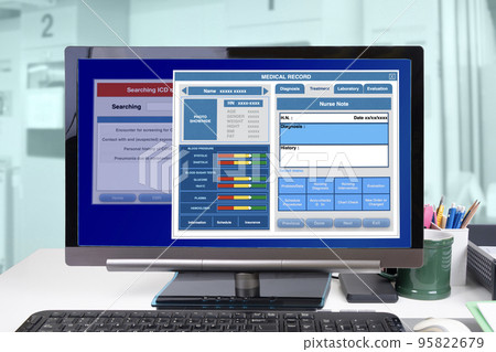 Medical record showing on computer monitor screen. 95822679