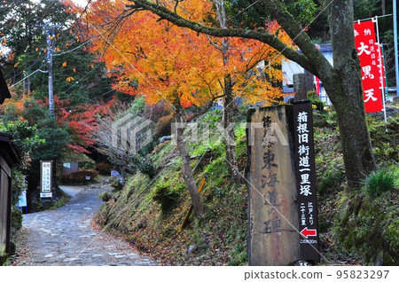 Hatajuku, Hakone Town Monument of Hakone Road Tokaido and autumn leaves 95823297