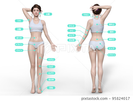 3D illustration of the front and back of a woman's body in areas where hair removal is desired 95824017