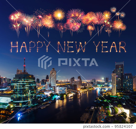 happy new year fireworks over Chao Phraya river cityscape in Bangkok city at night, Thailand happy new year fireworks over Chao Phraya river cityscape in Bangkok city at night, Thailand 95824107
