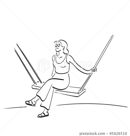 woman sitting on wooden swing illustration vector hand drawn isolated on white background line art. woman sitting on wooden swing illustration vector hand drawn isolated on white background line art. 95826518