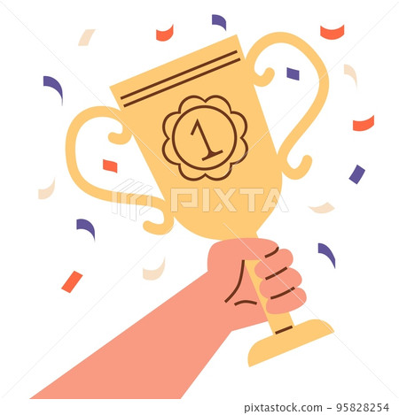 Hand holding golden trophy cup flat cartoon vector illustration isolated. 95828254
