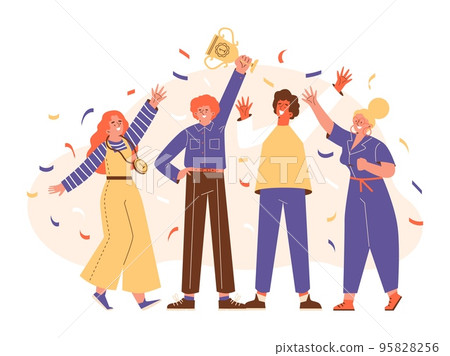 Group of happy people won golden trophy, flat vector illustration isolated on white background. 95828256