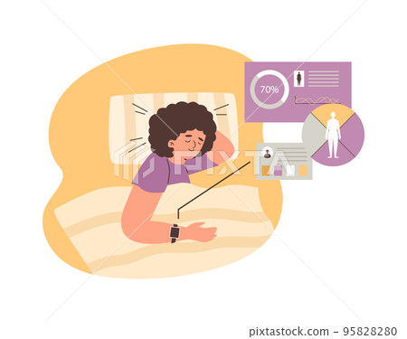 Woman sleeping connected to sleep monitoring device, flat vector isolated. 95828280