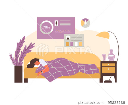 Woman napping and sleep app showing sleep stages, vector illustration isolated. Woman napping and sleep app showing sleep stages, vector illustration isolated. 95828286