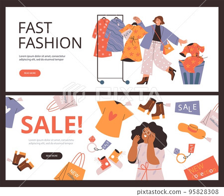 Fast fashion and sales web banners set, flat vector illustration. 95828308