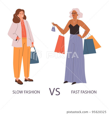 Slow vs fast fashion concept of overconsumption flat vector illustration. 95828325