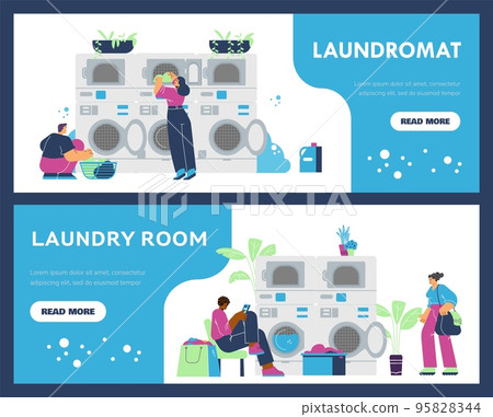 Laundry room and laundromat service flyers or posters flat vector illustration. 95828344