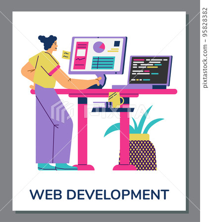 Female programmer standing in front of computer table and working, poster template, flat vector illustration. 95828382