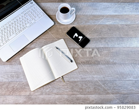Wooden desk and laptop desk work bird's eye view Wooden desk and laptop desk work bird's eye view 95829083