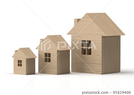 3d illustration. Three gray houses of different sizes on a white background.  95829406
