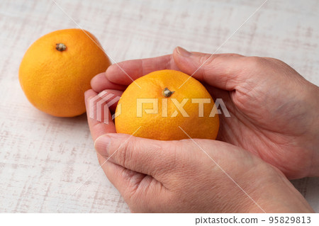 Woman's hand peeling oranges 95829813