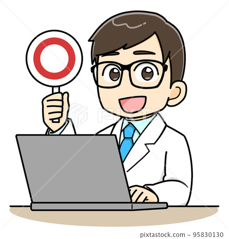 在電腦前舉起◯標籤的白大褂男子 在電腦前舉起◯標籤的白大褂男子 95830130