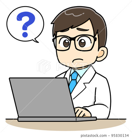 一個穿著白大褂的男人在電腦前疑惑 95830134