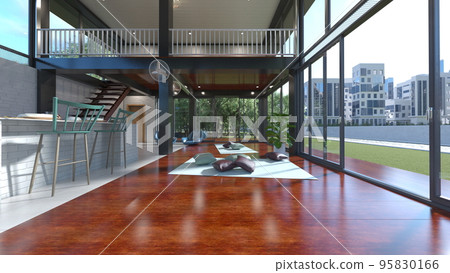 Dining room with large windows Dining room with large windows 95830166