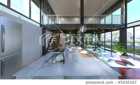 Dining room with large windows Dining room with large windows 95830167