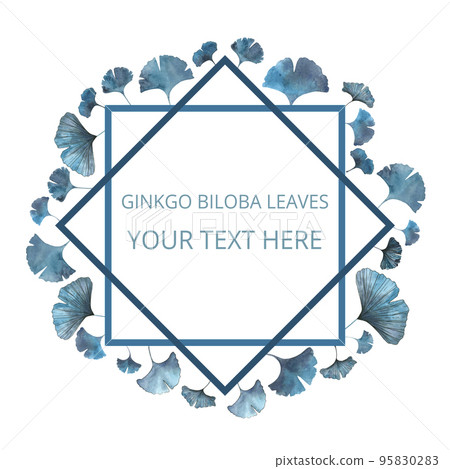 Invitation frame ginkgo biloba leaves, watercolor, isolated on white. Sketchy wreath, flower and herbal garland with blue color. Hand drawn vector watercolor style, nature art. Invitation frame ginkgo biloba leaves, watercolor, isolated on white. Sketchy wreath, flower and herbal garland with blue color. Hand drawn vector watercolor style, nature art. 95830283