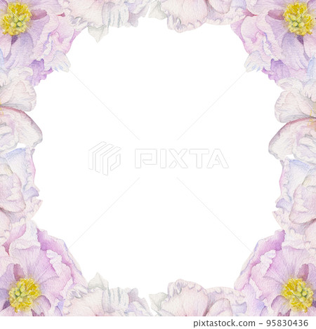 Watercolor square frame arrangement with hand drawn delicate pink peony flowers, buds and leaves. Isolated on white background. For invitations, wedding, love or greeting cards, paper, print, textile Watercolor square frame arrangement with hand drawn delicate pink peony flowers, buds and leaves. Isolated on white background. For invitations, wedding, love or greeting cards, paper, print, textile 95830436
