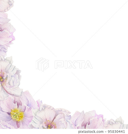 Watercolor square frame arrangement with hand drawn delicate pink peony flowers, buds and leaves. Isolated on white background. For invitations, wedding, love or greeting cards, paper, print, textile Watercolor square frame arrangement with hand drawn delicate pink peony flowers, buds and leaves. Isolated on white background. For invitations, wedding, love or greeting cards, paper, print, textile 95830441
