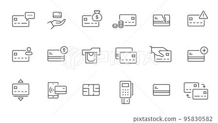 Credit card line icon set. Credit card payment, money transfer, mobile bank business pictogram. Outline editable stroke icon set Credit card line icon set. Credit card payment, money transfer, mobile bank business pictogram. Outline editable stroke icon set 95830582