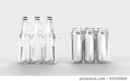 Clear bottles and tin cans in plastic wrap for soda or beer, 3d render. Realistic set of six aluminium jars and blank glass in transparent pack, drinks isolated on white background 95830869