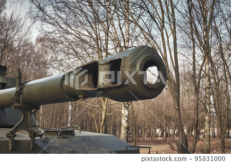 The barrel of a Russian howitzer against the background of trees close-up 95831000