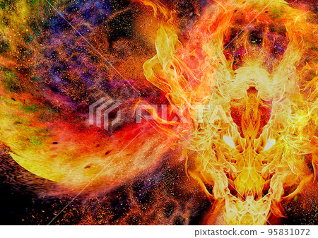 3d illustration of a colorful fiery dragon swirling in the dark 95831072