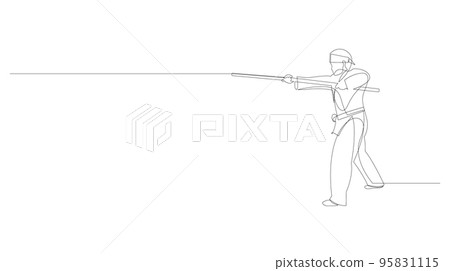 Continuous line drawing of young wushu master man, kung fu warrior in kimono with long staff on training. Martial art sport contest concept. Dynamic one line style vector illustration. Continuous line drawing of young wushu master man, kung fu warrior in kimono with long staff on training. Martial art sport contest concept. Dynamic one line style vector illustration. 95831115