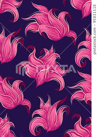 Vector pattern with fabulous curled pink flowers heads. Fantastic floral texture on dark purple background 95831118