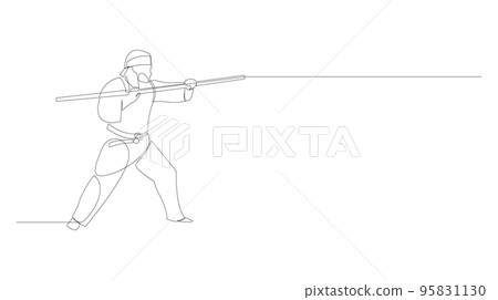 Continuous line drawing of shaolin monk man practice kung fu using long staff. Traditional Chinese combative sport concept. Vector illustration. Continuous line drawing of shaolin monk man practice kung fu using long staff. Traditional Chinese combative sport concept. Vector illustration. 95831130