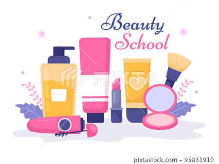 Beauty and Make up School with Cosmetic Products to Study and Beautiful Girls Applying Makeup in Flat Cartoon Hand Drawn Templates Illustration 95831910