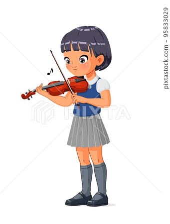 Asian school girl playing violin. Cartoon vector illustration. Asian school girl playing violin. Cartoon vector illustration. 95833029