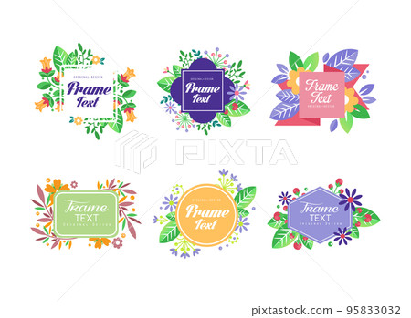 Floral Geometrical Frame Design with Blooming Flowers and Twigs Vector Set 95833032