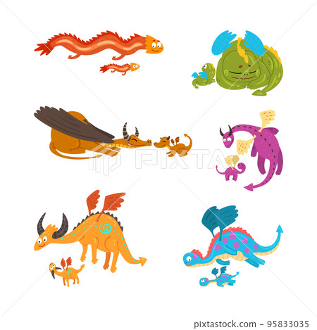 Mature Dragons and Baby Dragons as Families of Mythical Animals Vector Set 95833035
