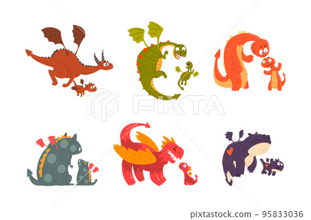 Mature Dragons and Baby Dragons as Families of Mythical Animals Vector Set Mature Dragons and Baby Dragons as Families of Mythical Animals Vector Set 95833036