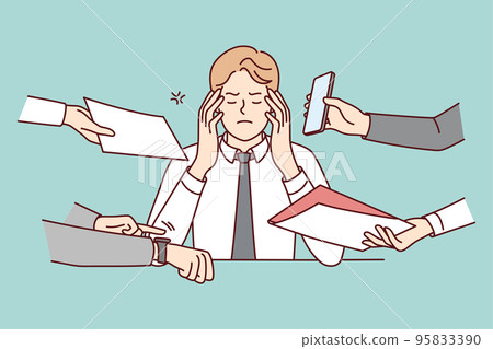Annoyed businessman overwhelmed workload 95833390