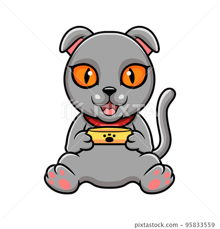Cute scottish fold cat cartoon holding food bowl 95833559